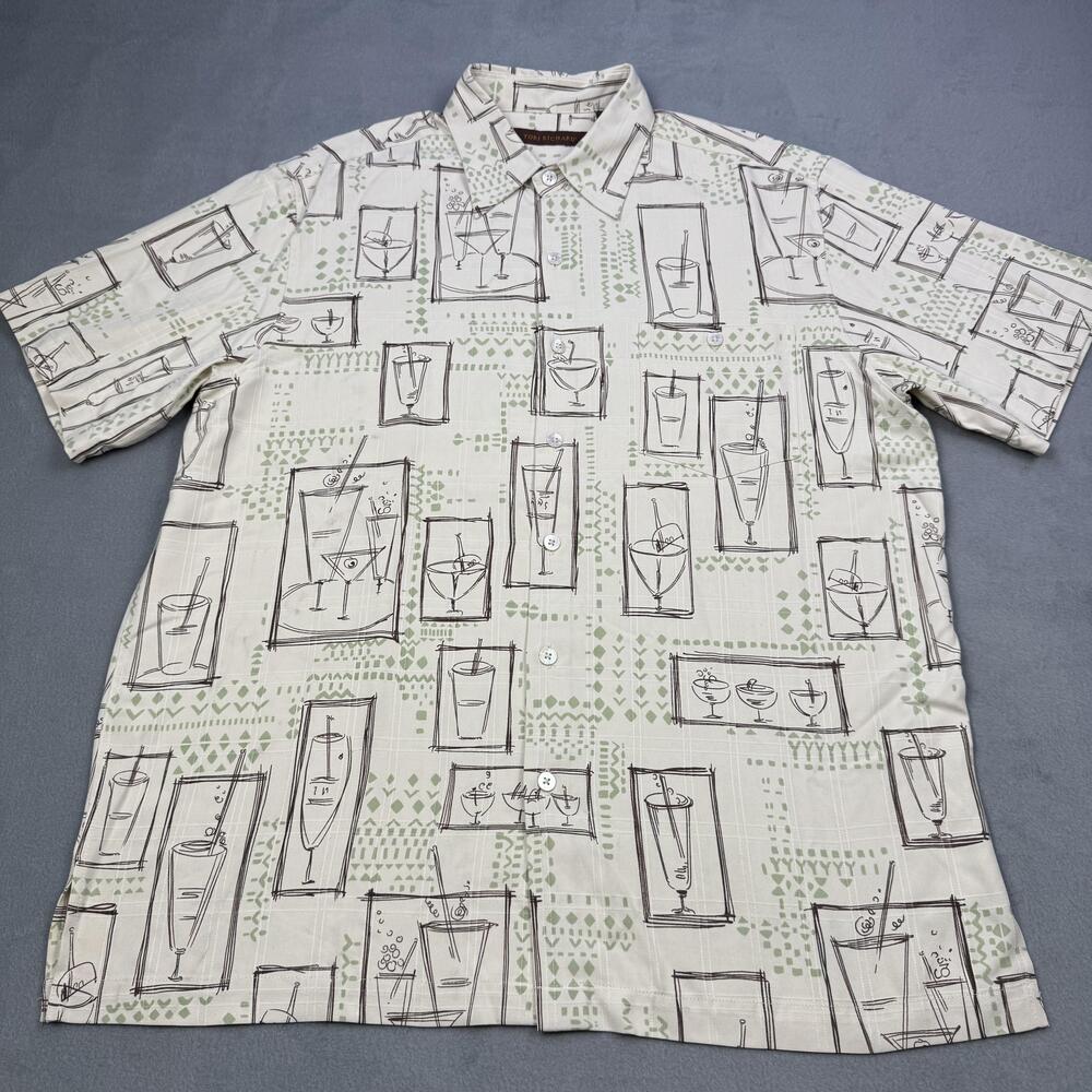 Tori Richard Shirt Mens Large White Cocktail Print Silk Hawaiian Aloha Tiki